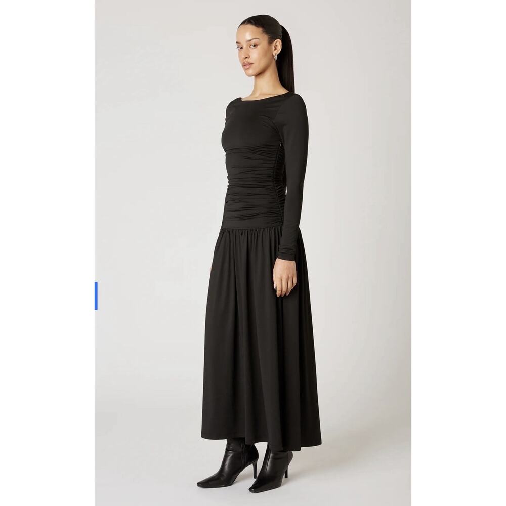 NIA the Brand Sera Dress Black Maxi Stretch Drop Waist Back Long Sleeve Medium